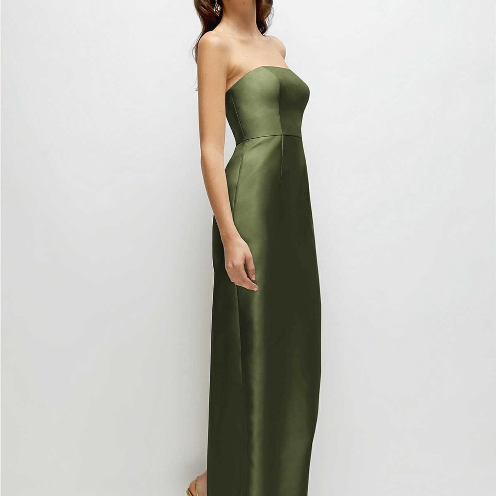 Dessy Strapless Satin Maxi Dress in olive NWT Back Slit